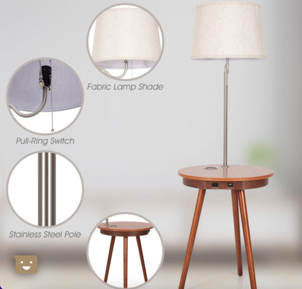 Lamp Bedside Shade Nightstand End Table Lighting Wireless Charger In Coffee - Image 3