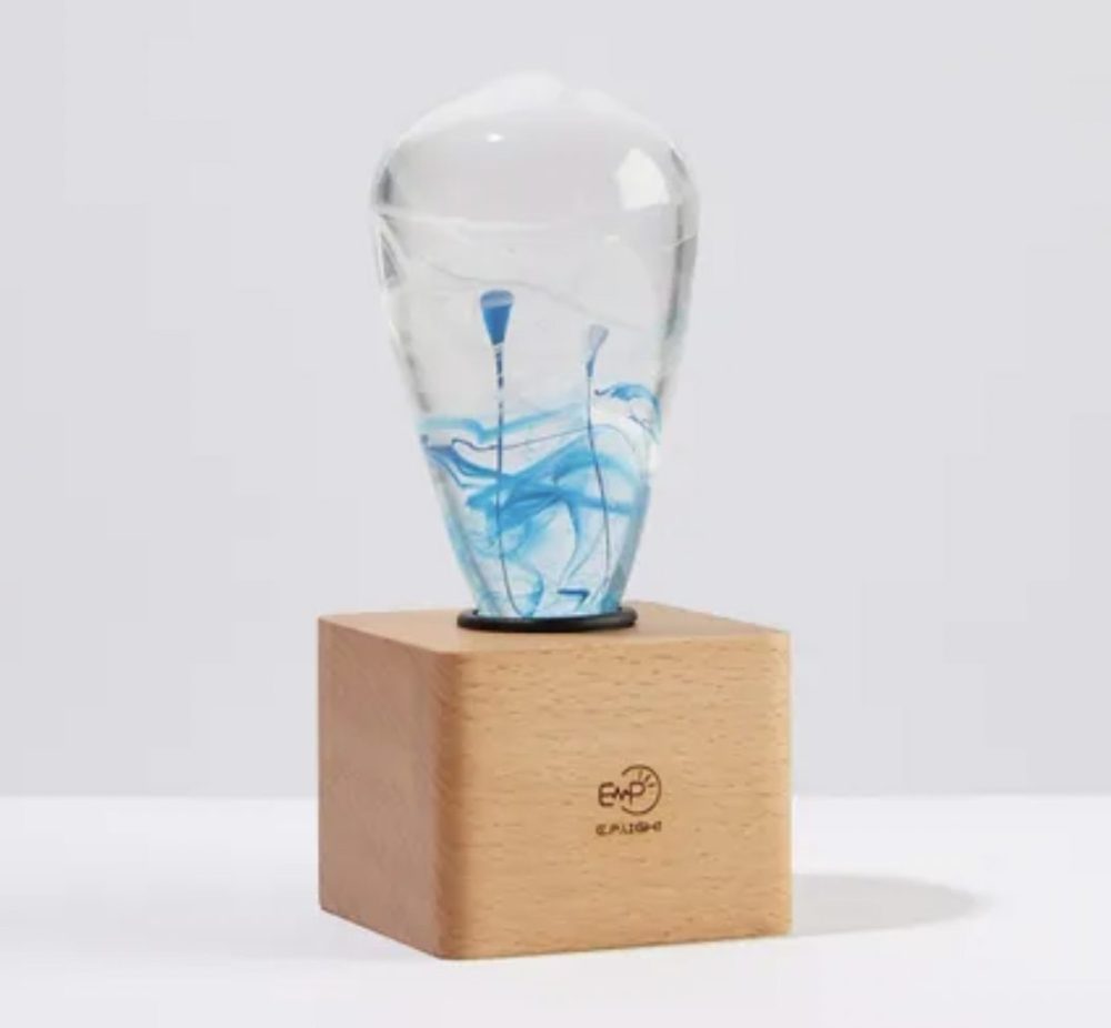 Table Lamp Blue Drop EP LIGHT Bulb With Wood Base - Image 1