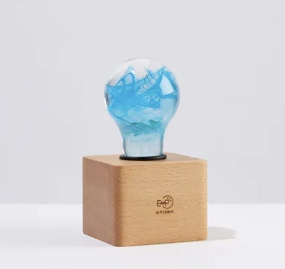 Table Lamp Light Blue Modern Designer LED Fixture Light Bulb With Wood Base - Image 1