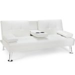 Futon Sofa Bed Leather Cushion & Cup Holders In White - Image 2