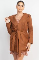 Hooded Jacket With Waist Tie Belt In Camel