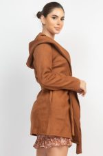 Hooded Jacket With Waist Tie Belt In Camel - Image 3