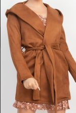 Hooded Jacket With Waist Tie Belt In Camel - Image 4