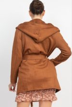 Hooded Jacket With Waist Tie Belt In Camel - Image 5