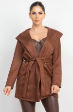 Hooded Jacket With Waist Tie Belt In Brown