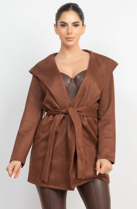 Screenshot (1716) Hooded Jacket With Waist Tie Belt In Brown - Image 1