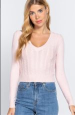 Cable V-Neck Sweater Fitted In Light Pink