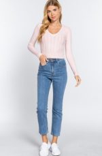 Cable V-Neck Sweater Fitted In Light Pink - Image 2