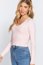 Cable V-Neck Sweater Fitted In Light Pink - Image 3