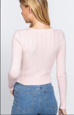 Cable V-Neck Sweater Fitted In Light Pink - Image 4