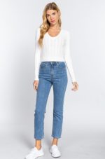 Cable V-Neck Sweater Fitted In Off White - Image 2