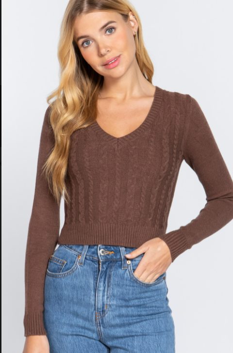 Screenshot (1793) Cable V-Neck Sweater Fitted In Brown - Image 1