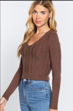Cable V-Neck Sweater Fitted In Brown - Image 3