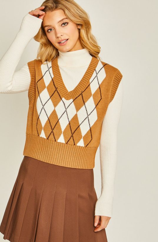 Screenshot (1820) Sweater Vest Argyle Print In Camel - Image 1