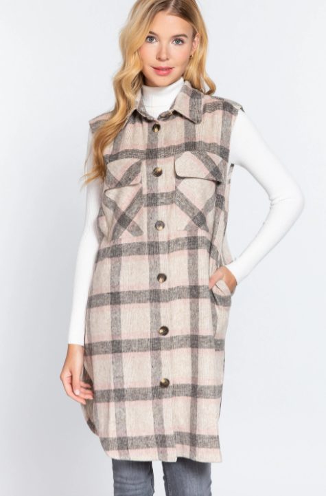 Screenshot (1831) Cardigan Vest Notched Collar Brushed Plaid In Grey & Pink - Image 1