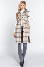 Cardigan Vest Notched Collar Brushed Plaid In Grey & Pink - Image 2