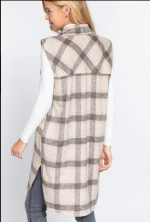 Cardigan Vest Notched Collar Brushed Plaid In Grey & Pink - Image 5