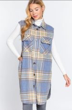 Cardigan Vest Notched Collar Brushed Plaid In Blue & Mustard
