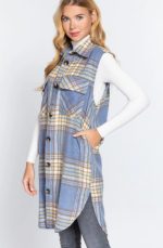 Cardigan Vest Notched Collar Brushed Plaid In Blue & Mustard - Image 4