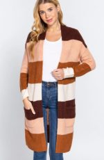 Cardigan Open Front Color Block In Sepia & Pink