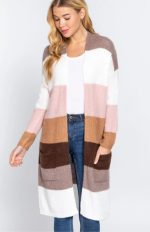 Cardigan Open Front Color Block In Mauve & White
