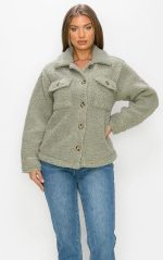 Jacket Faux Fur Front Button In Deep Sage