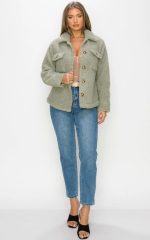 Jacket Faux Fur Front Button In Deep Sage - Image 2