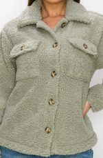 Jacket Faux Fur Front Button In Deep Sage - Image 4