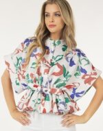 Floral Print Blouse Short Sleeve With Waist Tie