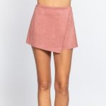 Suede Shorts Front Wrap Skirt Design In Pink