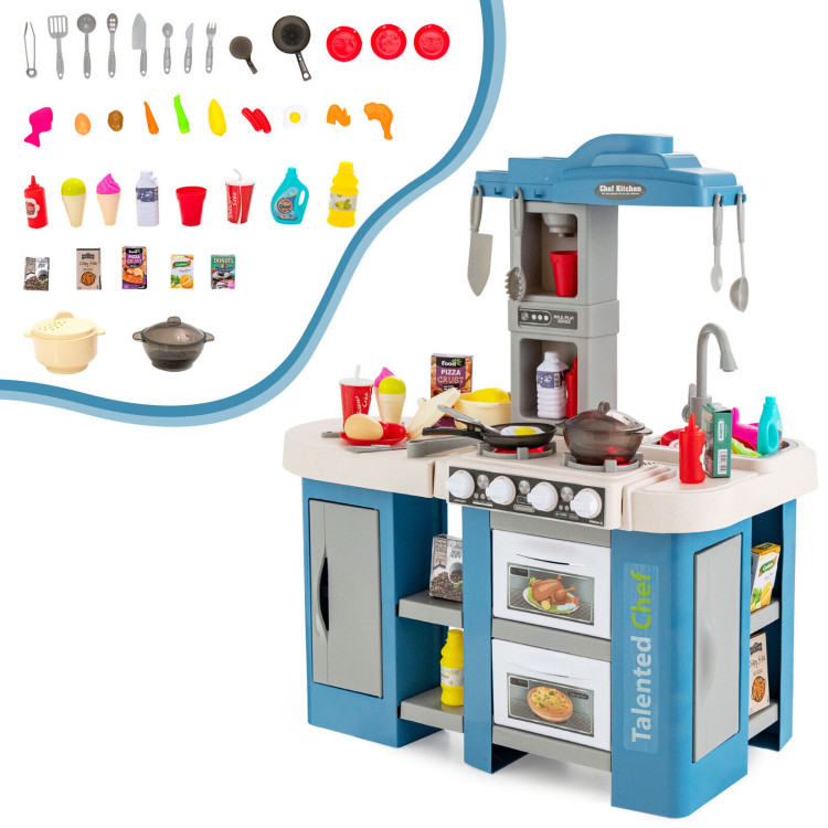 67 Pieces Play Kitchen Set for Kids with Food and Realistic Lights and Sounds In Blue Kitchen Playset & 67pc Accessory Set In Blue - Image 1
