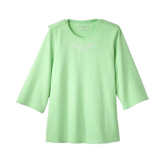 Women's Open Back 3/4 Length Sleeve Top with Embroidery Menthol Green Women's Open Back 3/4 Length Sleeve Top with Embroidery Menthol Green
